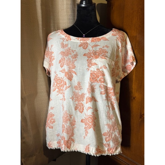 Liz Claiborne Tops - Liz Claiborne Floral Linen Blend Top M Peach White Short Sleeve Fringe Hem